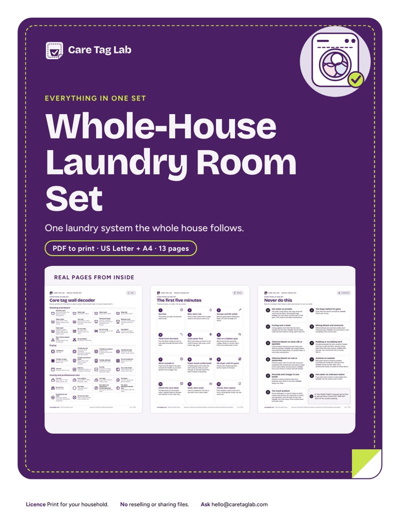 The Whole-House Laundry Room Set cover on a laundry-room wall, decoder page hung beside the washer