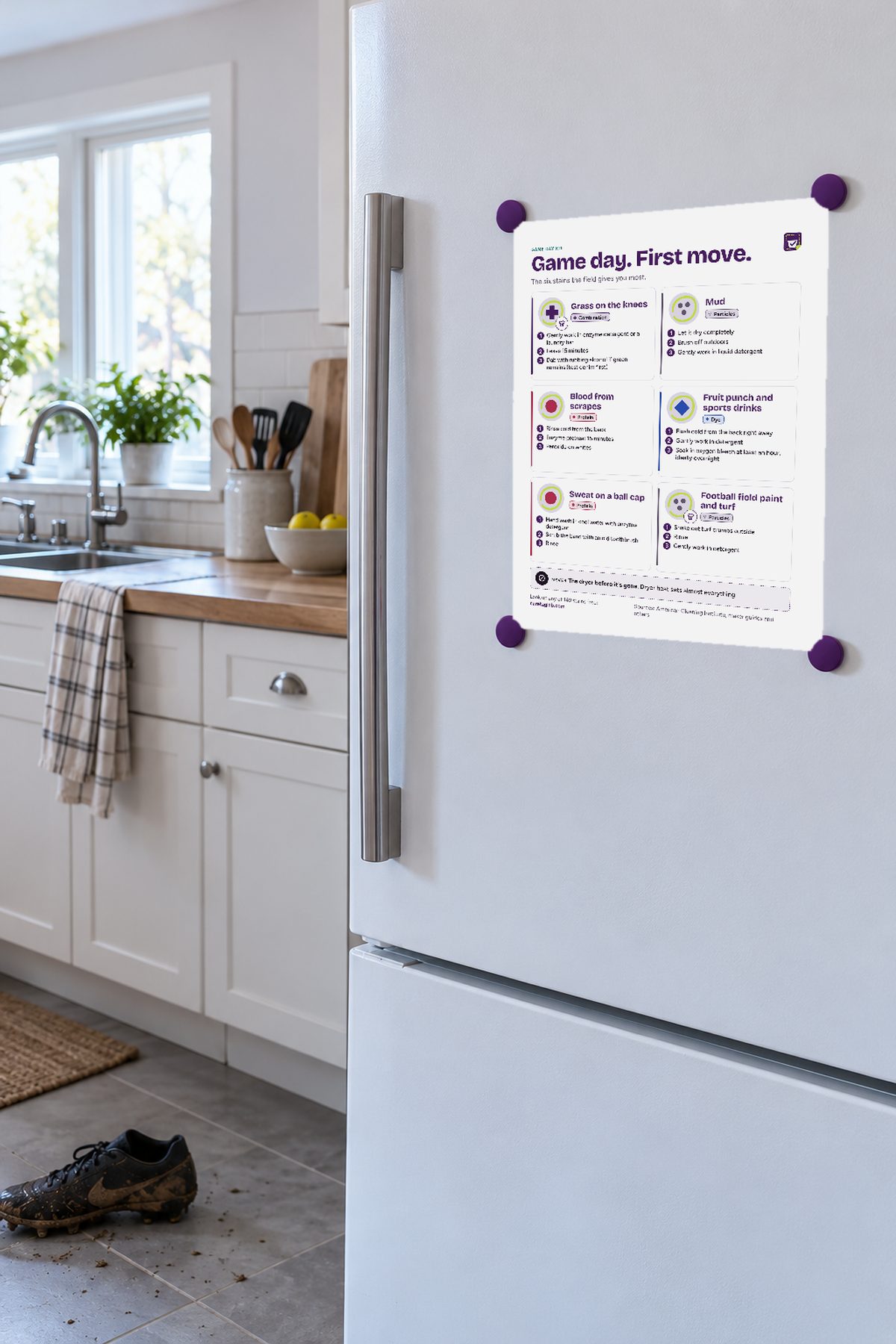 A sheet held by purple magnets on a white fridge door in a family kitchen.