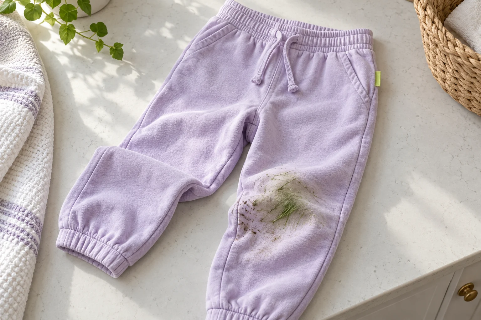 A grass-stained knee on lavender cotton pants