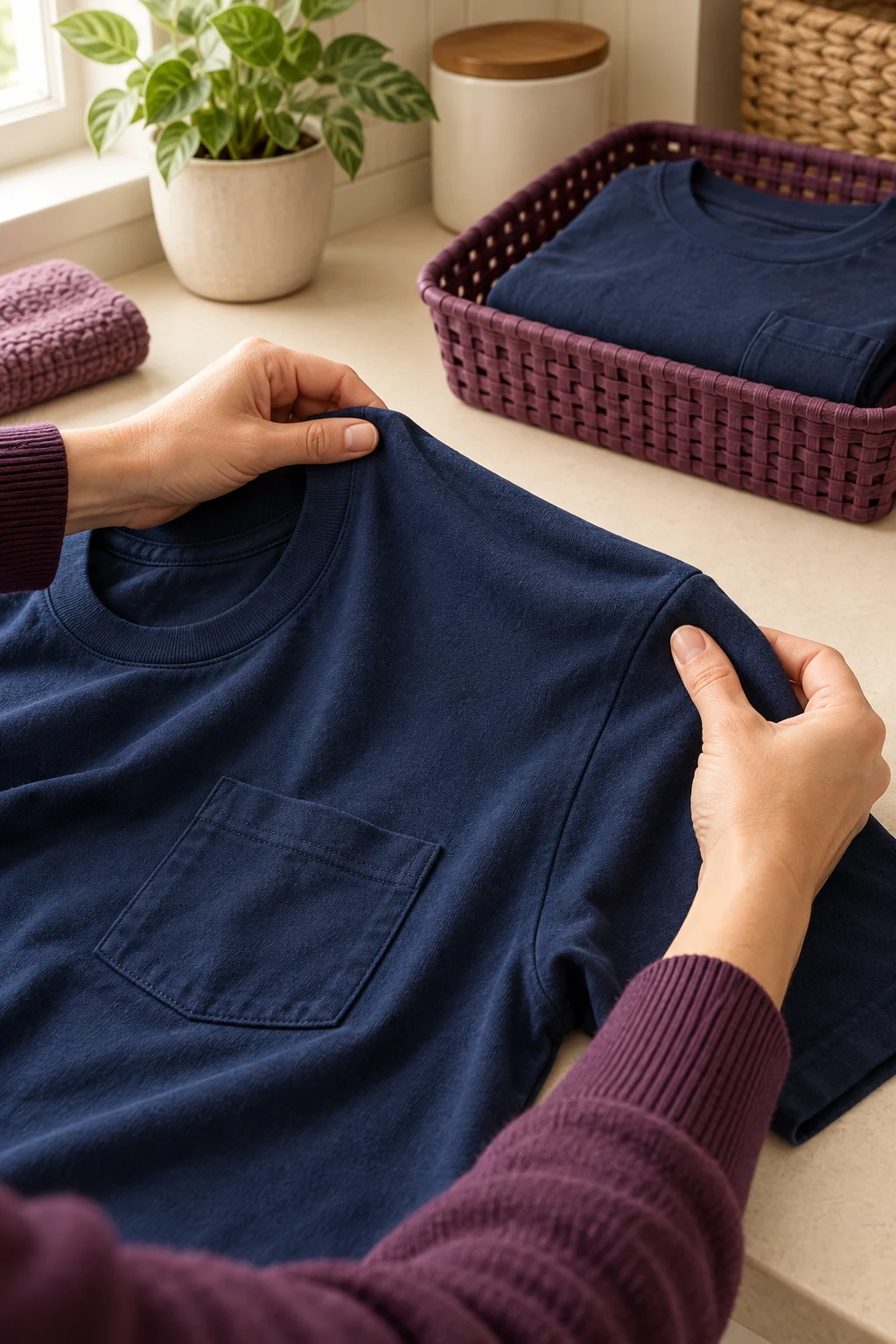 Adult hands inspect a navy pocket tee; a second matching navy tee sits in a plum basket.