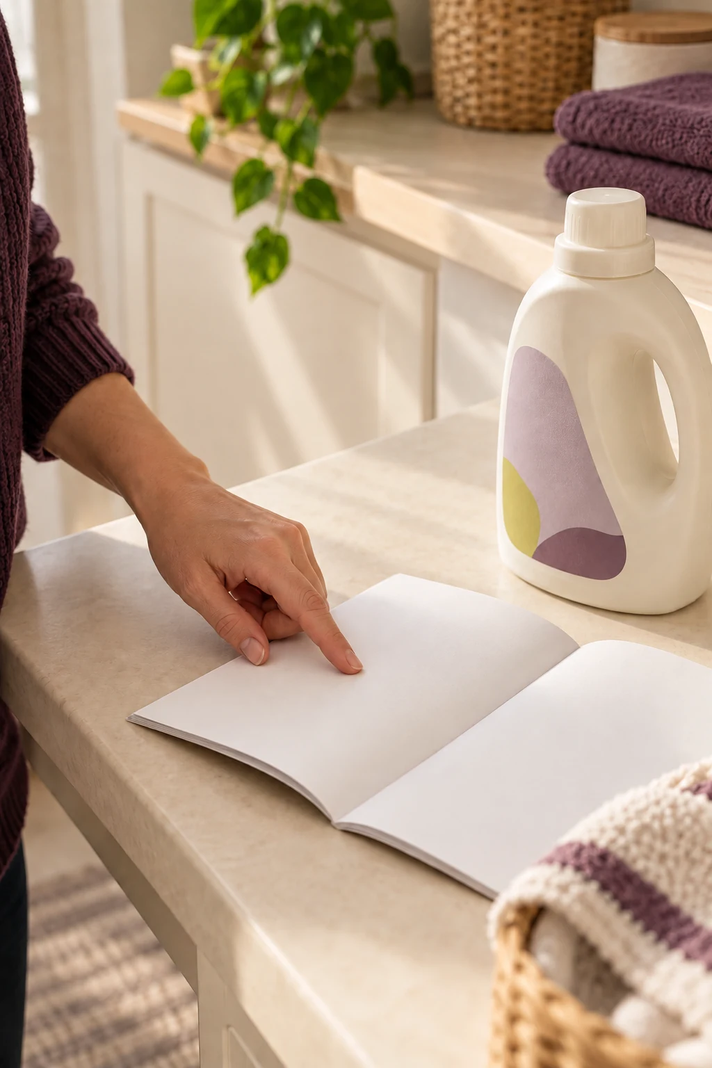 A hand consults a plain illustrative booklet beside a securely closed detergent bottle.