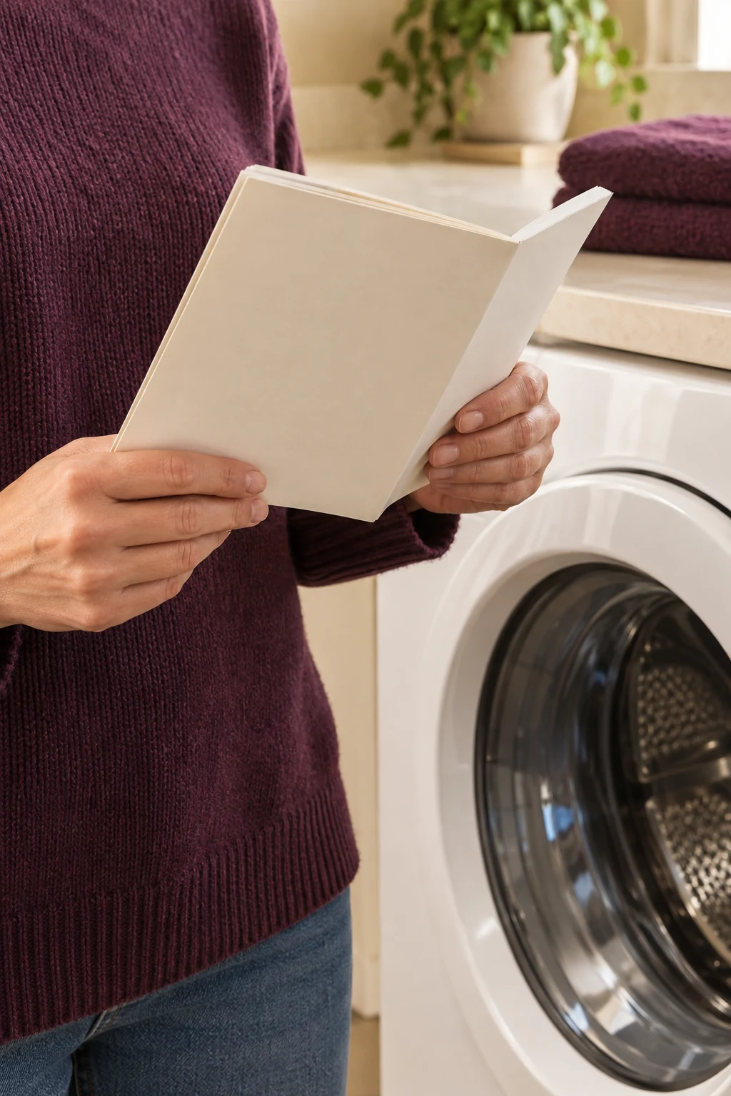 An adult consults a plain booklet with the actual washer controls outside the frame.